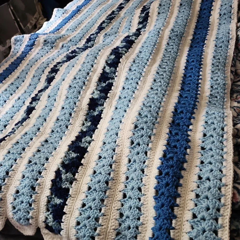Vintage Handmade Crochet Afghan In Shades of Blue with White Edging 36x60